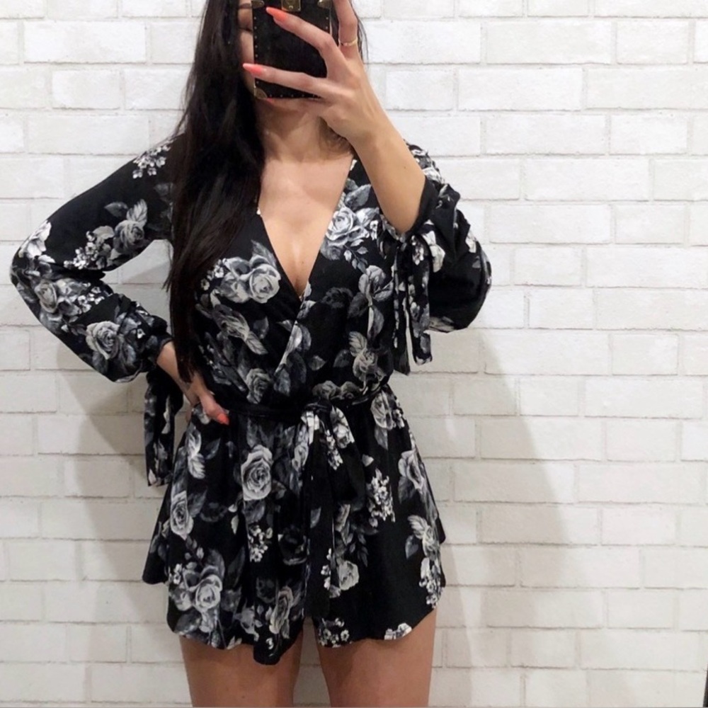 SAGE Floral Romper Waist Tie V Neck